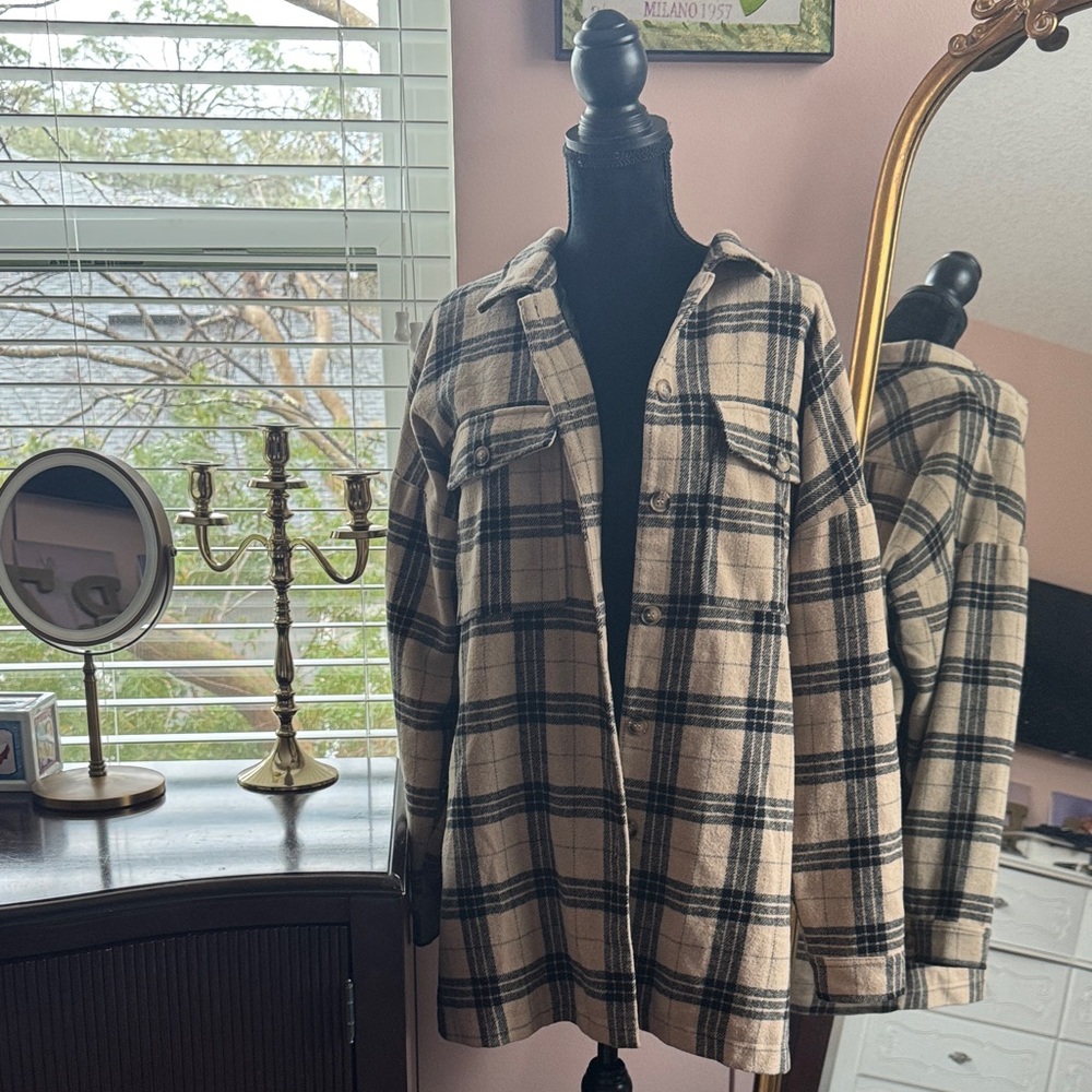 Windsor Beige and Black Plaid Oversized Shirt Jacket (Shacket)